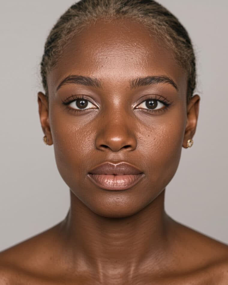 A second face photographed straight on under the same even light.