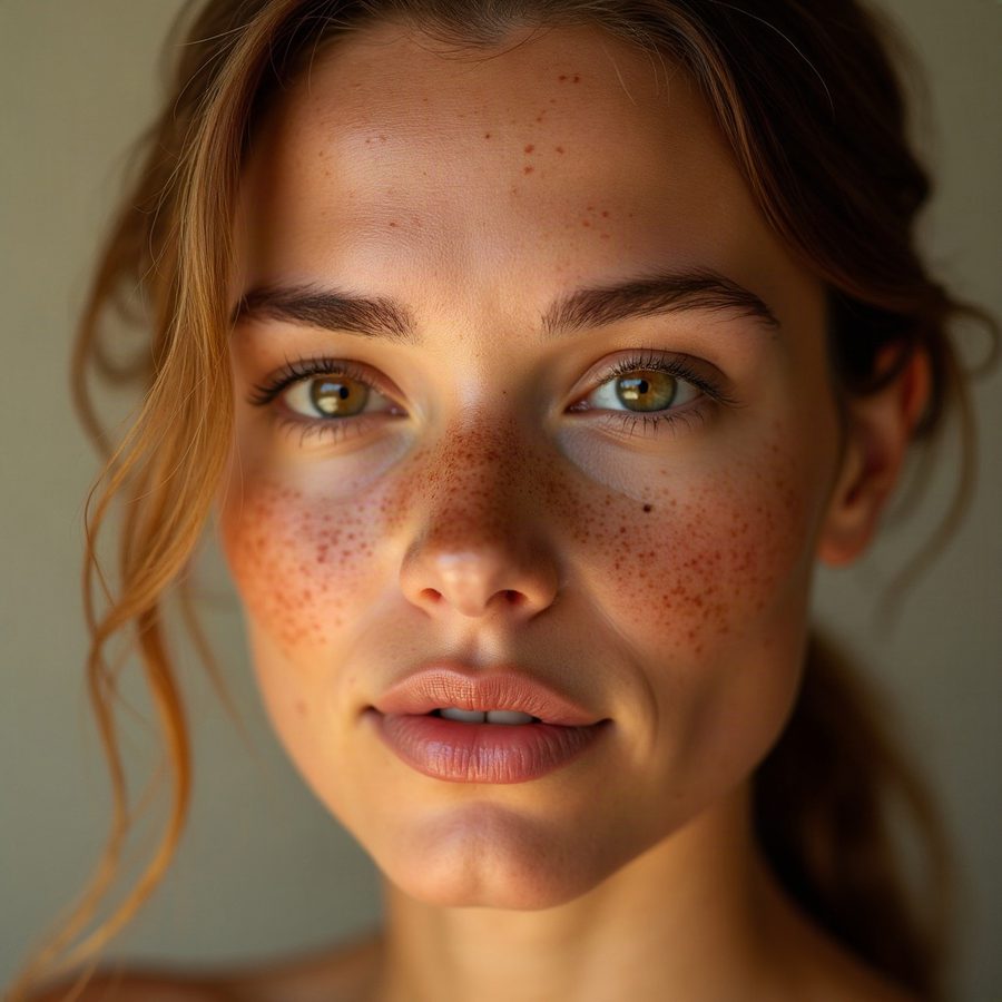 A close-up of a woman's face under a warm kitchen bulb.