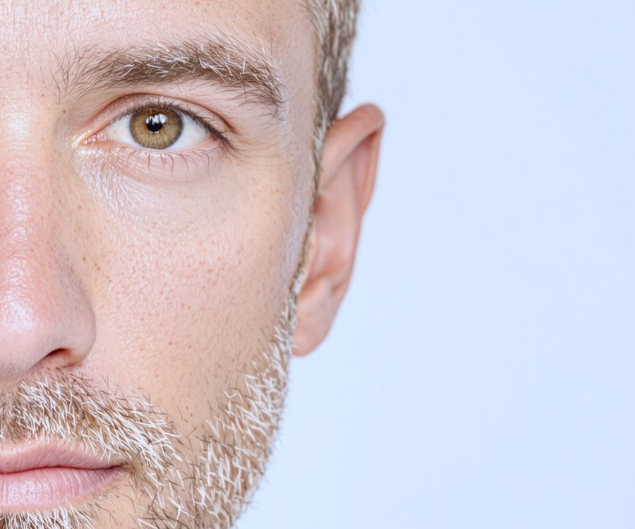 The right half of the same man's face, twenty minutes later in bathroom daylight.