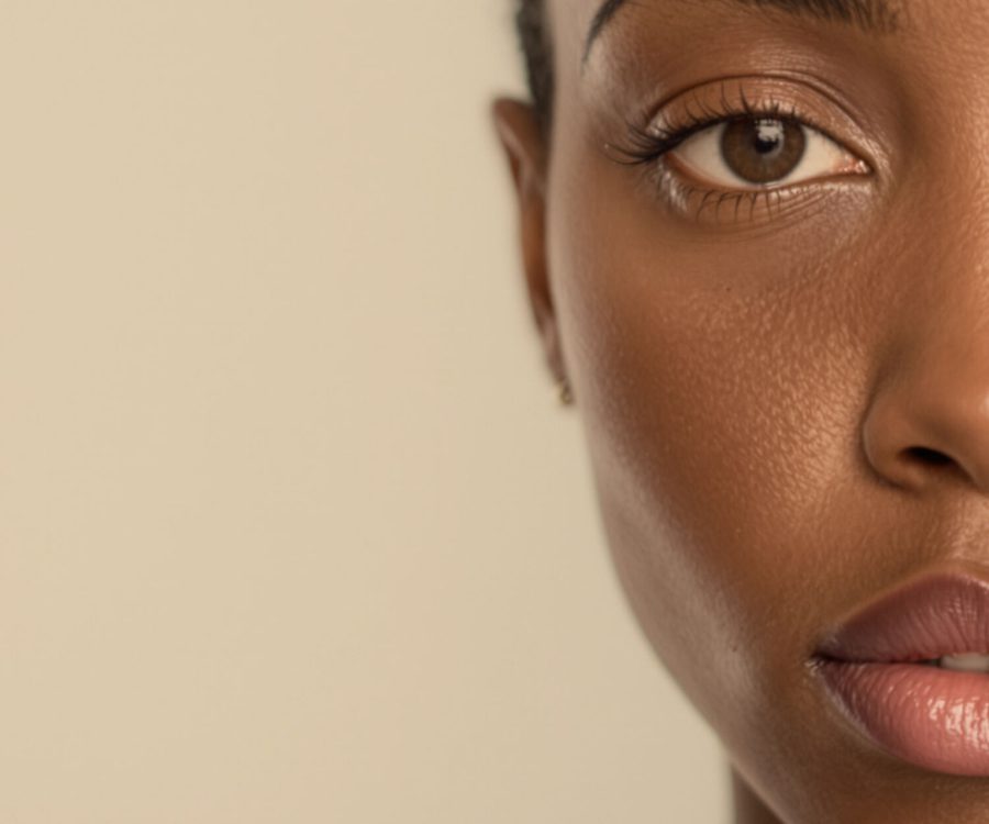 The left half of a woman's face photographed under a warm kitchen bulb.
